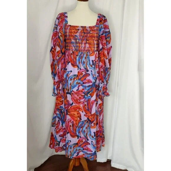 FARM Rio Maxi Dress L Coloured Bananas Puff Sleeves Smocked Tropical - Picture 4 of 15